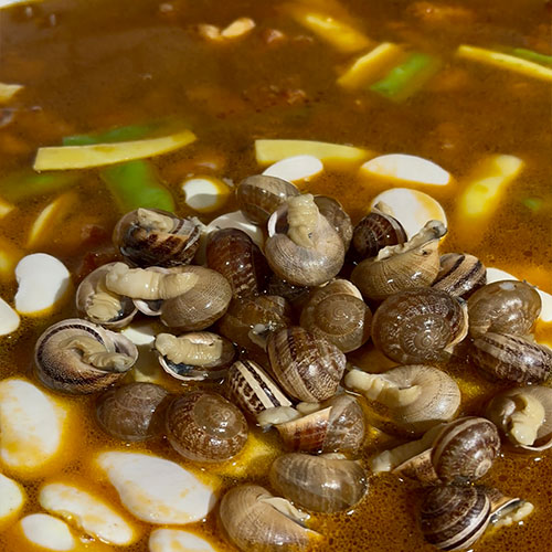 Ajoutez l'eau, les escargots et le garrofó.