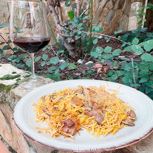 Fideuá au porc ibérique, girolles et foie gras